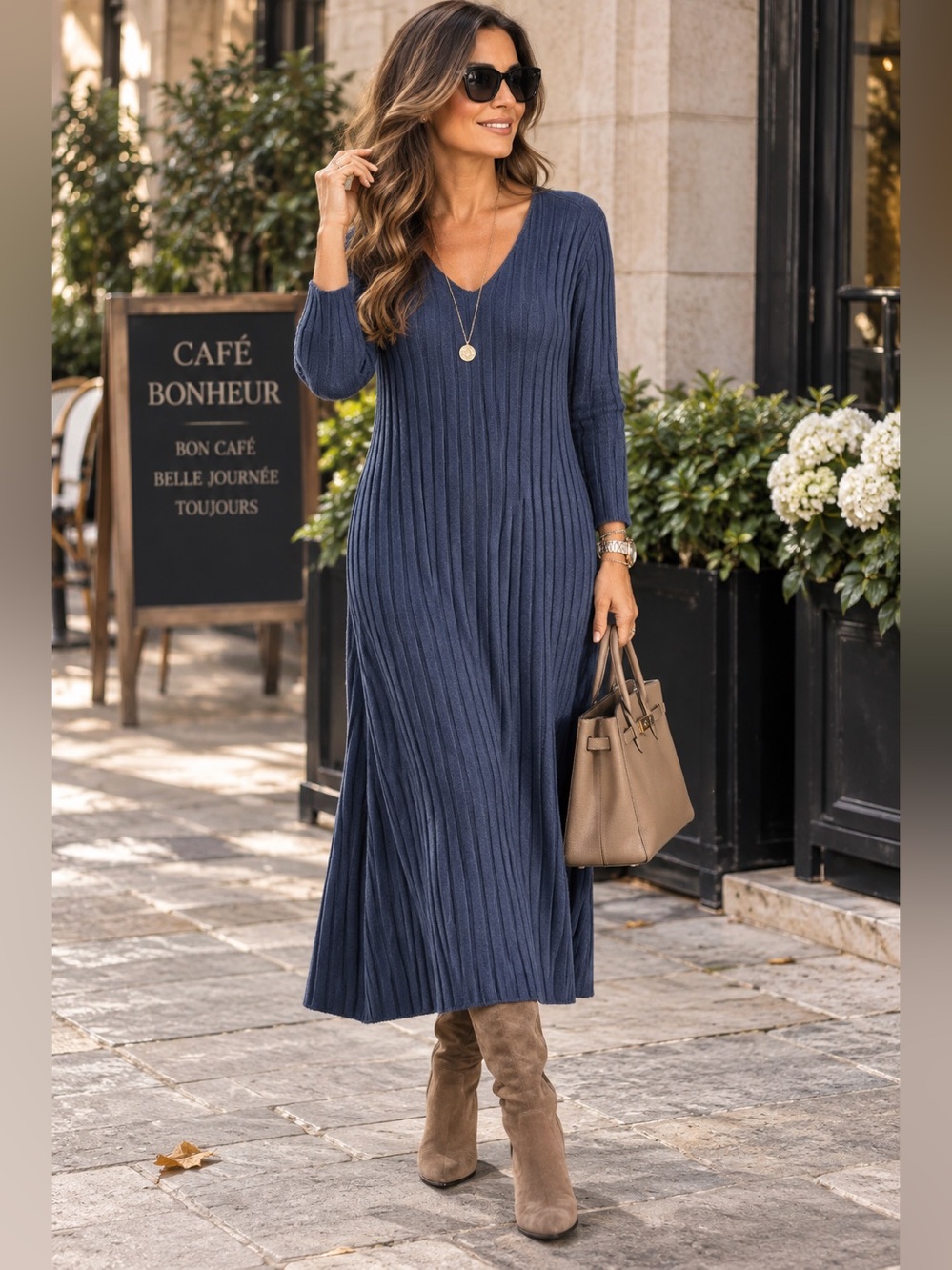 MADE IN ITALY 🇮🇹 V-Neck Rib Knit Maxi Dress in Navy